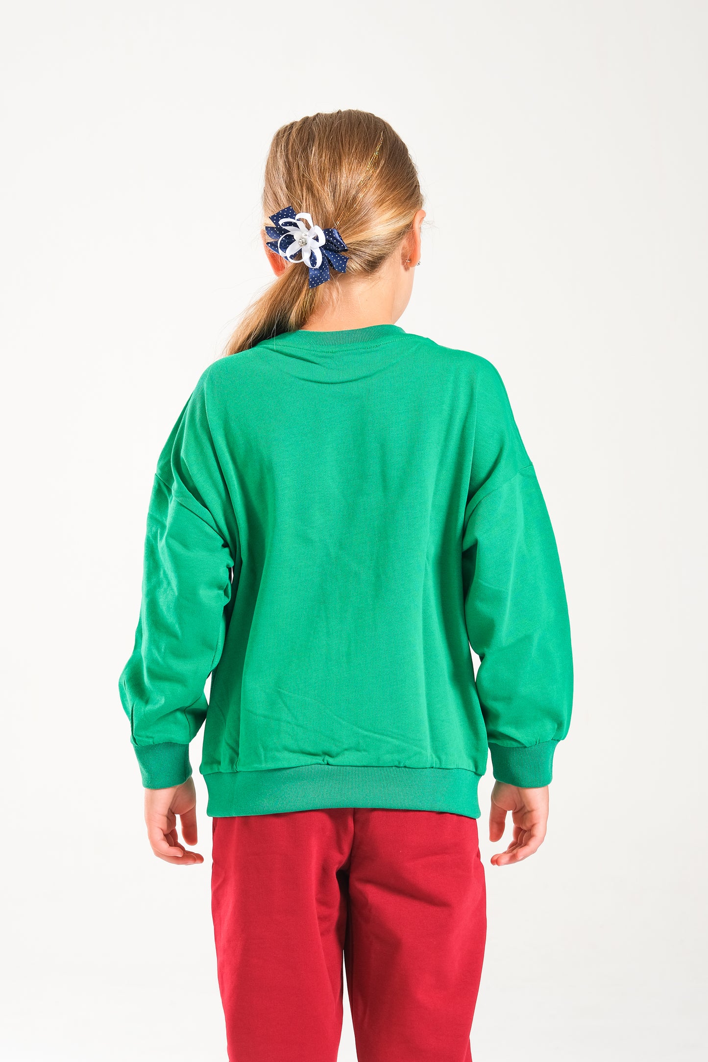 Kız Çocuk %100 Pamuk Oversize Sweat Ve Likralı İki İplik Çima Detaylı Pantolon Takımı - Yeşil-Bordo