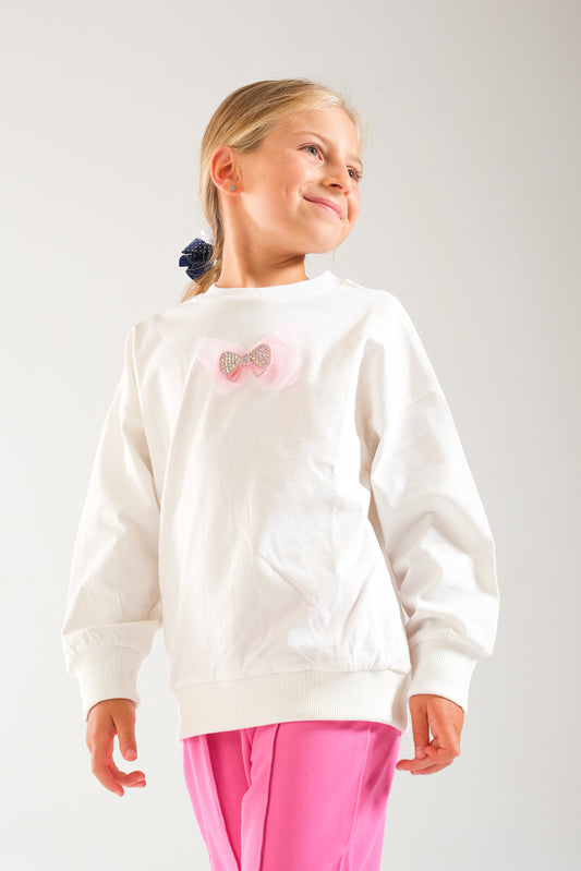 Kız Çocuk %100 Pamuk Oversize Sweat Ve Likralı İki İplik Çima Detaylı Pantolon Takımı - Ekru-Pembe