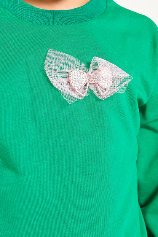 Kız Çocuk %100 Pamuk Oversize Sweat Ve Likralı İki İplik Çima Detaylı Pantolon Takımı - Pembe-Yeşil