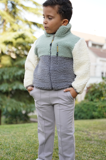 Erkek Çocuk Peluş Ceket - Haki-Antrasit