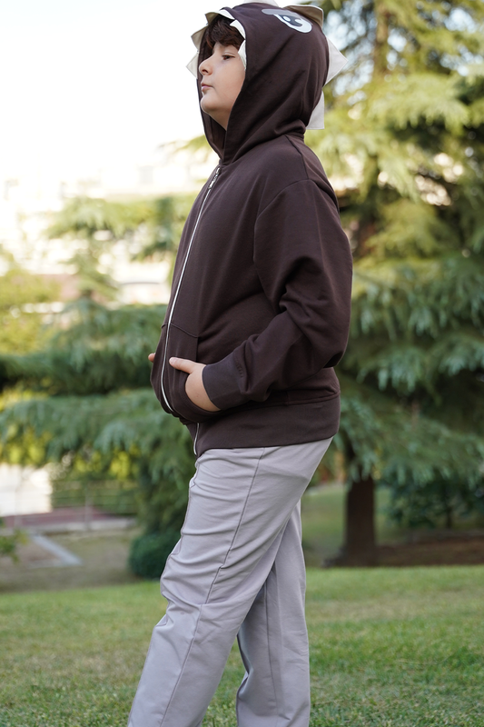 Erkek Çocuk Üç İplik Dinazor Kapşonlu Sweat/Hoody - Kahverengi