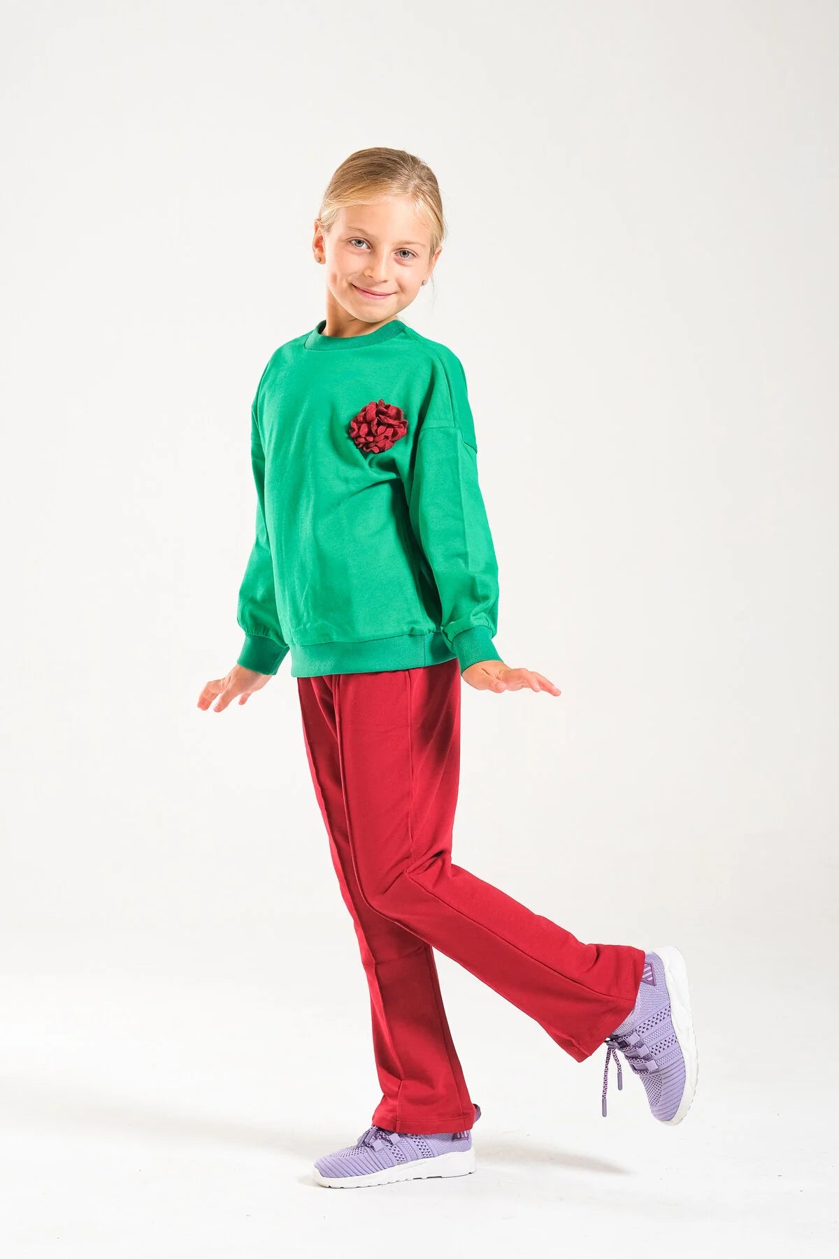 Kız Çocuk %100 Pamuk Oversize Sweat Ve Likralı İki İplik Çima Detaylı Pantolon Takımı - Yeşil-Bordo