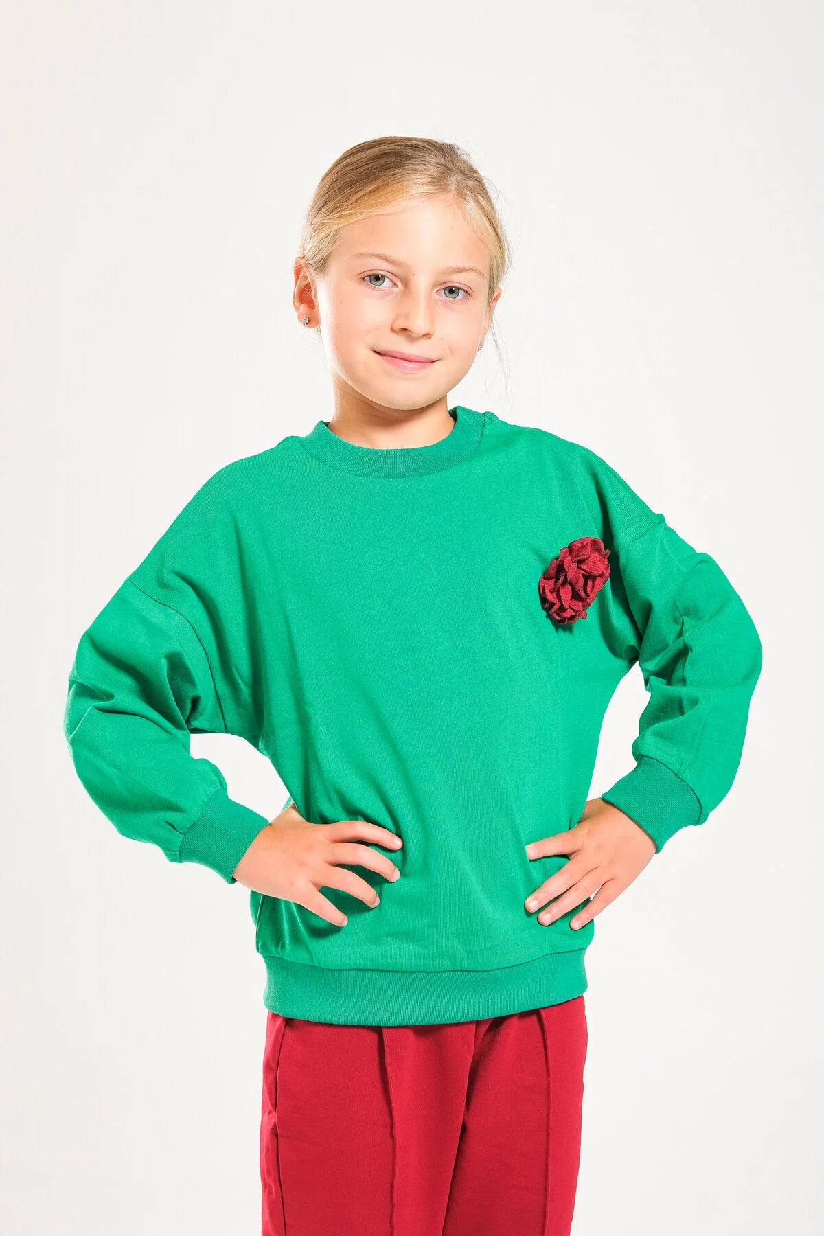 Kız Çocuk %100 Pamuk Oversize Sweat Ve Likralı İki İplik Çima Detaylı Pantolon Takımı - Yeşil-Bordo