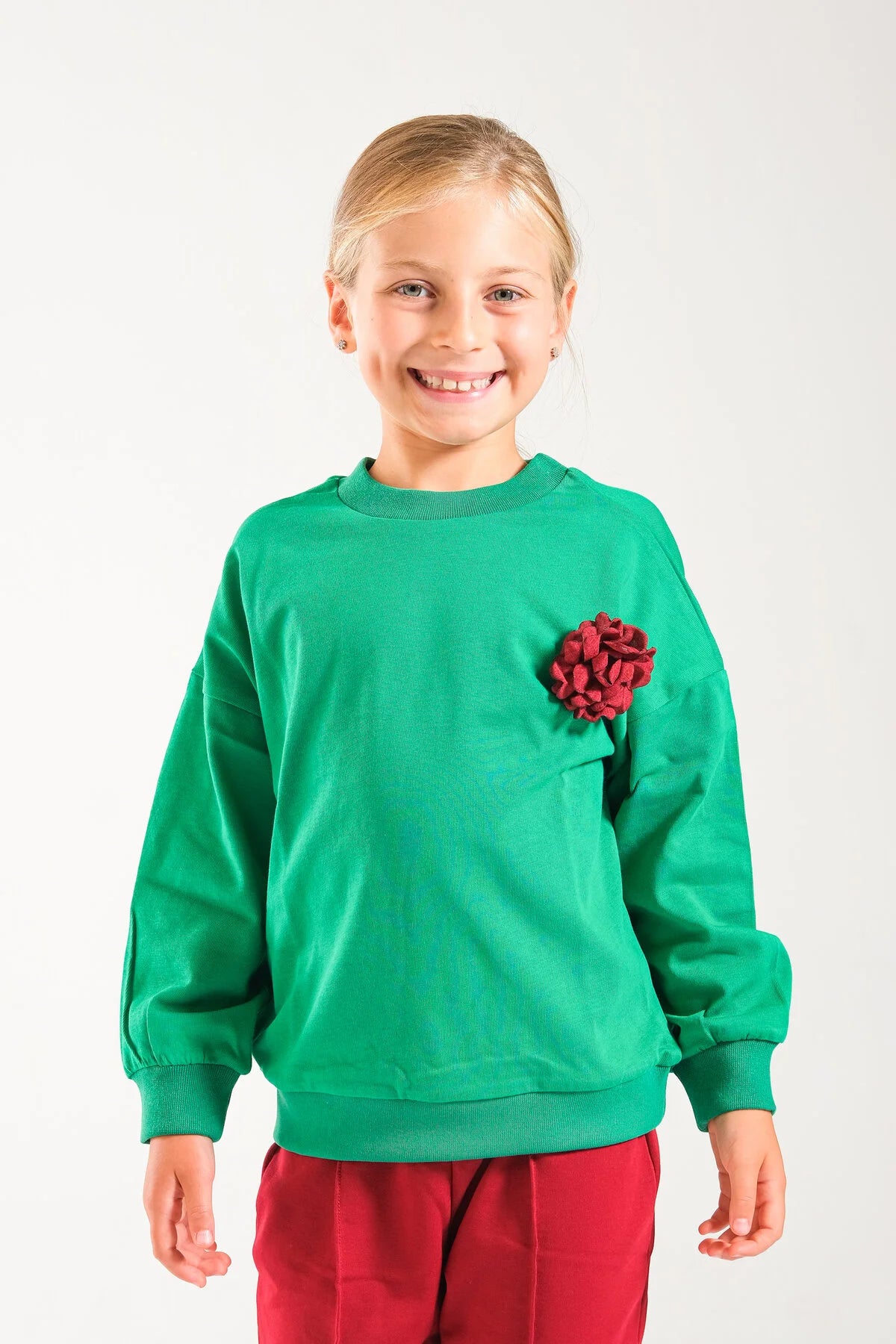 Kız Çocuk %100 Pamuk Oversize Sweat Ve Likralı İki İplik Çima Detaylı Pantolon Takımı - Yeşil-Bordo