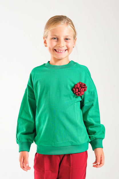 Kız Çocuk %100 Pamuk Oversize Sweat Ve Likralı İki İplik Çima Detaylı Pantolon Takımı - Yeşil-Bordo