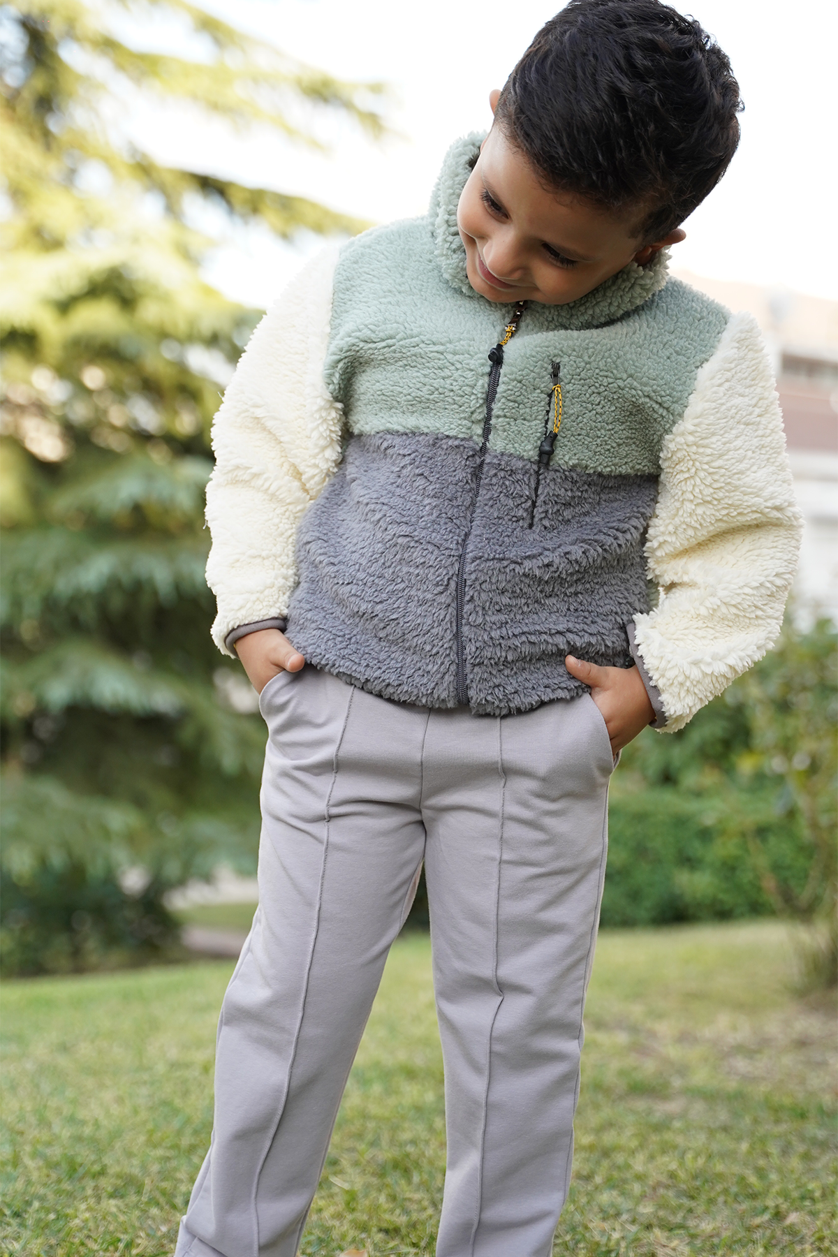 Erkek Çocuk Peluş Ceket - Haki-Antrasit