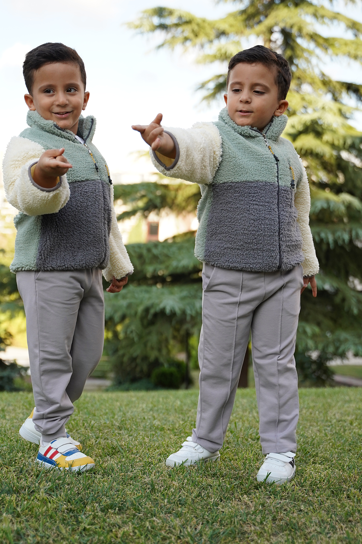 Erkek Çocuk Peluş Ceket - Haki-Antrasit