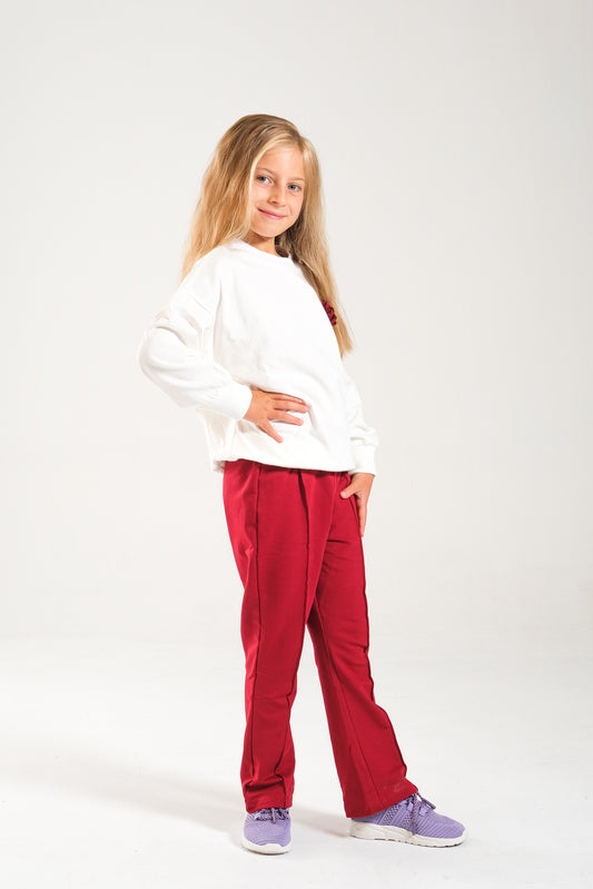 Kız Çocuk %100 Pamuk Oversize Sweat Ve Likralı İki İplik Çima Detaylı Pantolon Takımı - Ekru-Bordo