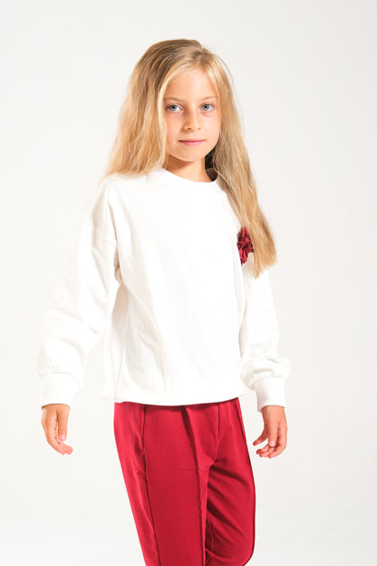 Kız Çocuk %100 Pamuk Oversize Sweat Ve Likralı İki İplik Çima Detaylı Pantolon Takımı - Ekru-Bordo