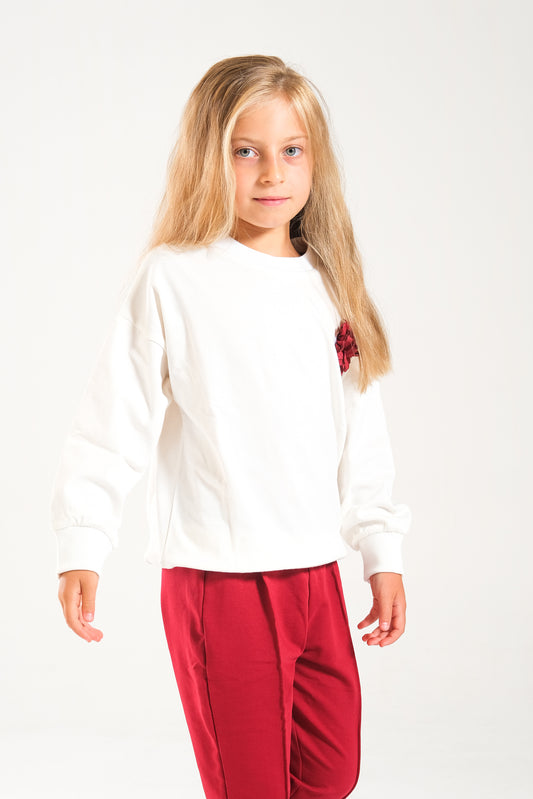 Kız Çocuk %100 Pamuk Oversize Sweat Ve Likralı İki İplik Çima Detaylı Pantolon Takımı - Ekru-Bordo