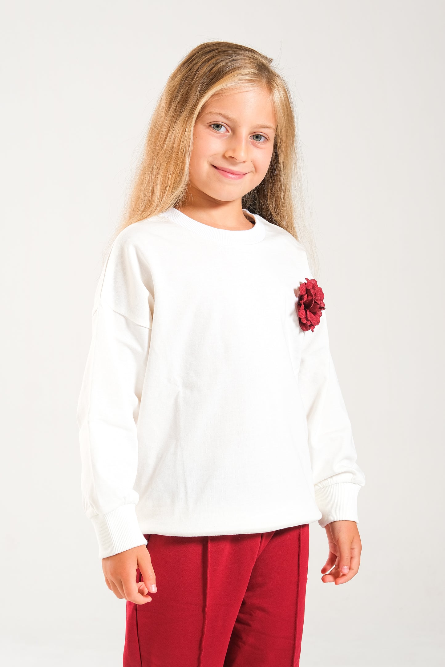 Kız Çocuk %100 Pamuk Oversize Sweat Ve Likralı İki İplik Çima Detaylı Pantolon Takımı - Ekru-Bordo