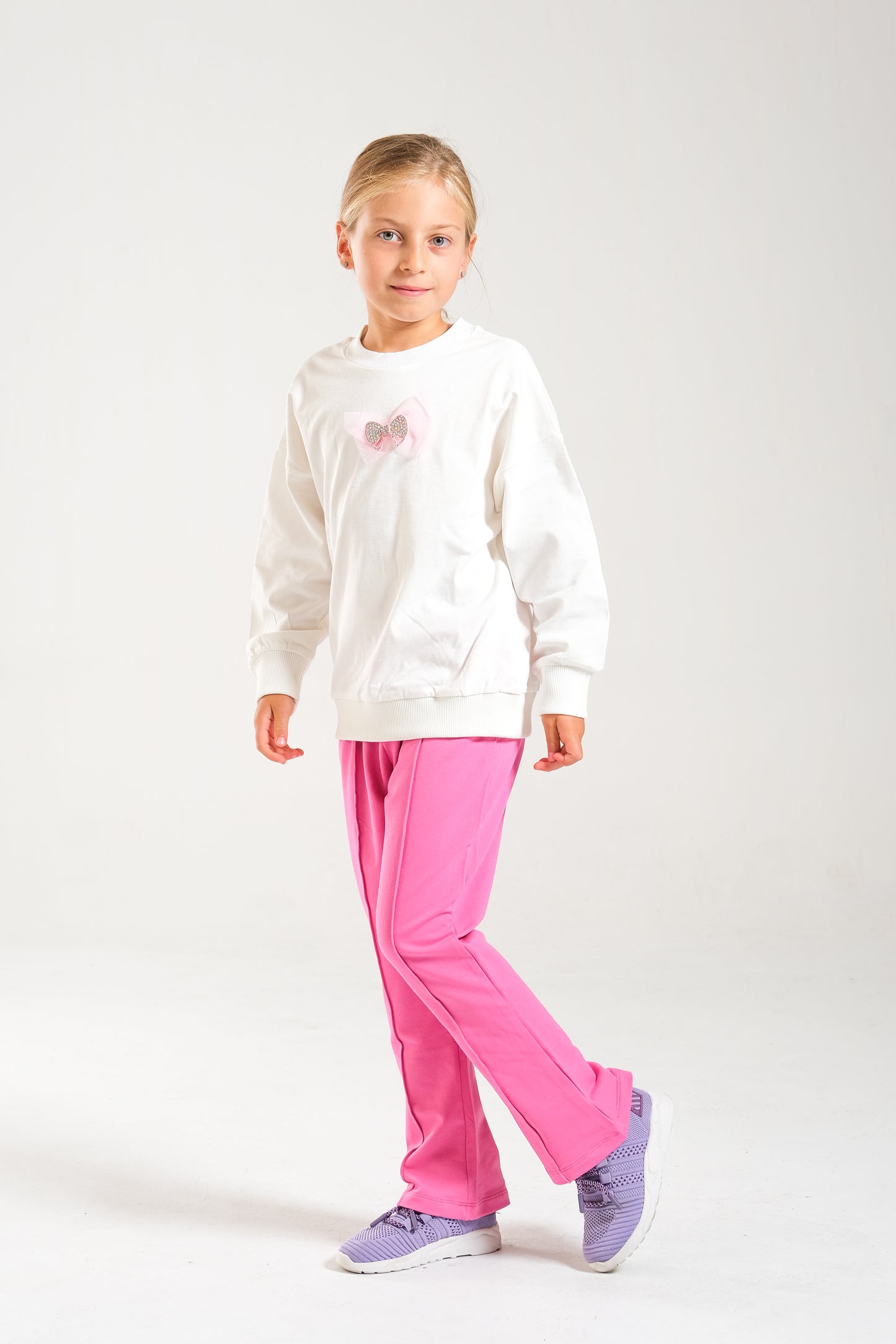 Kız Çocuk %100 Pamuk Oversize Sweat Ve Likralı İki İplik Çima Detaylı Pantolon Takımı - Ekru-Pembe