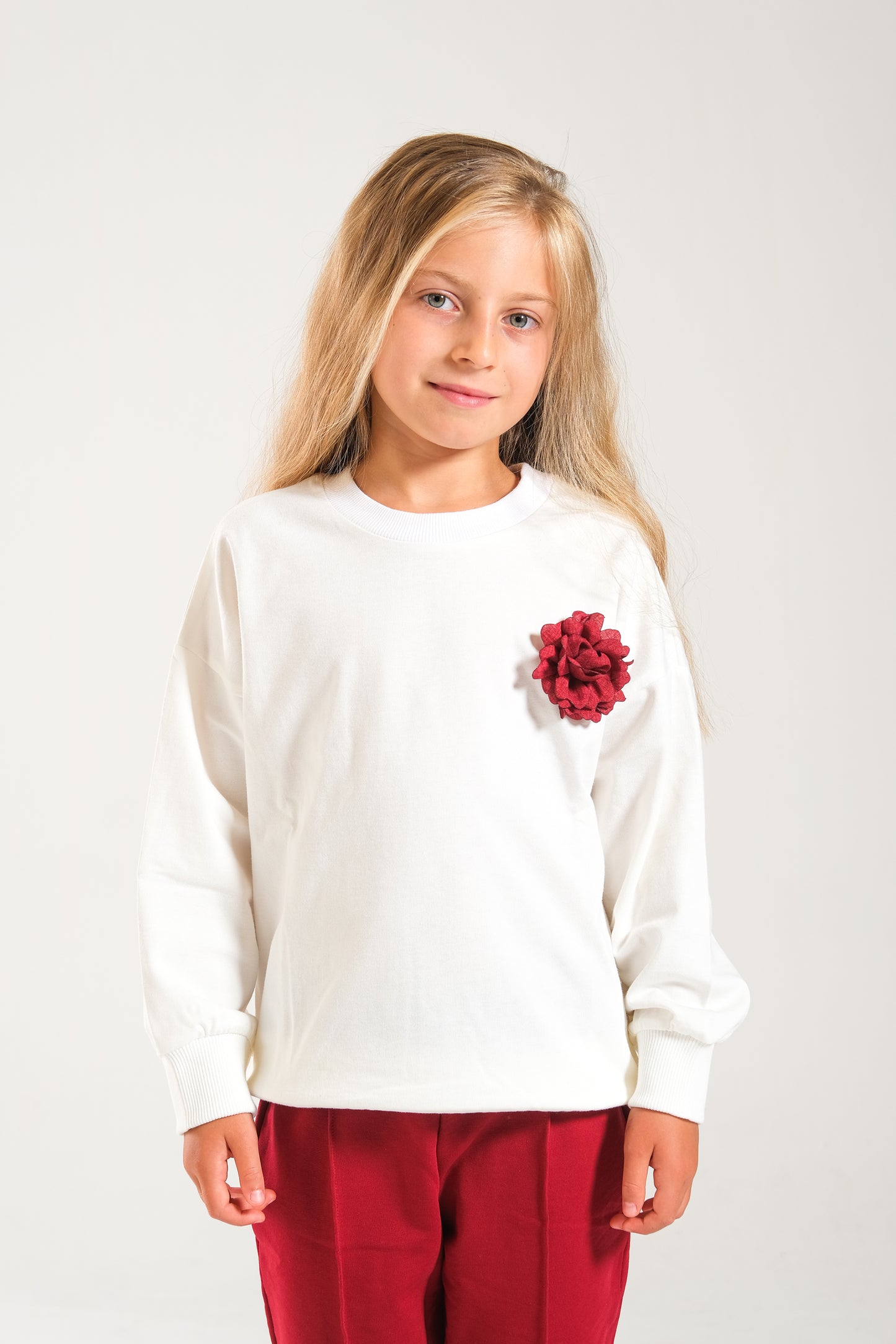 Kız Çocuk %100 Pamuk Oversize Sweat Ve Likralı İki İplik Çima Detaylı Pantolon Takımı - Ekru-Bordo