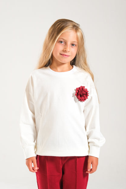 Kız Çocuk %100 Pamuk Oversize Sweat Ve Likralı İki İplik Çima Detaylı Pantolon Takımı - Ekru-Bordo