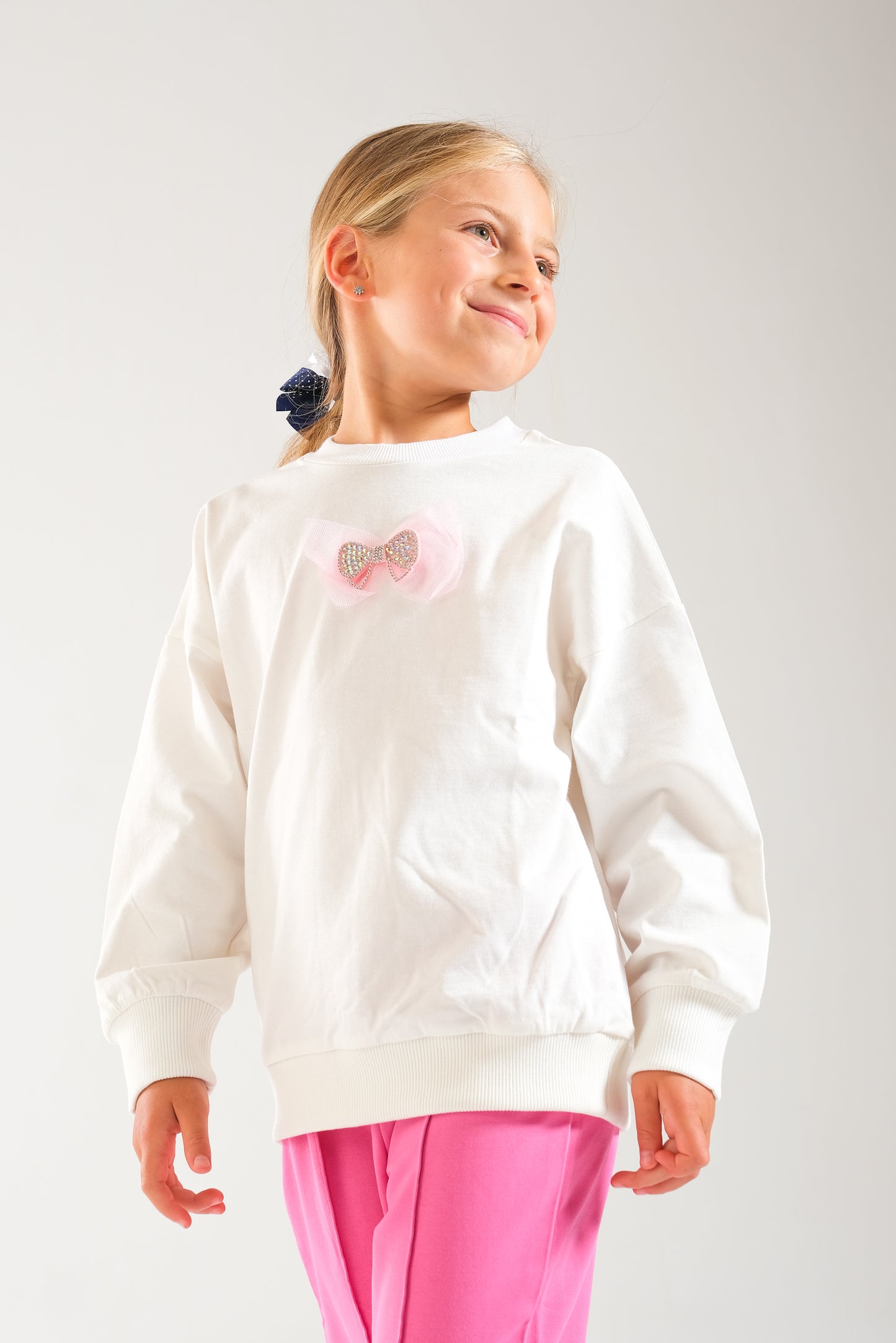 Kız Çocuk %100 Pamuk Oversize Sweat Ve Likralı İki İplik Çima Detaylı Pantolon Takımı - Ekru-Pembe