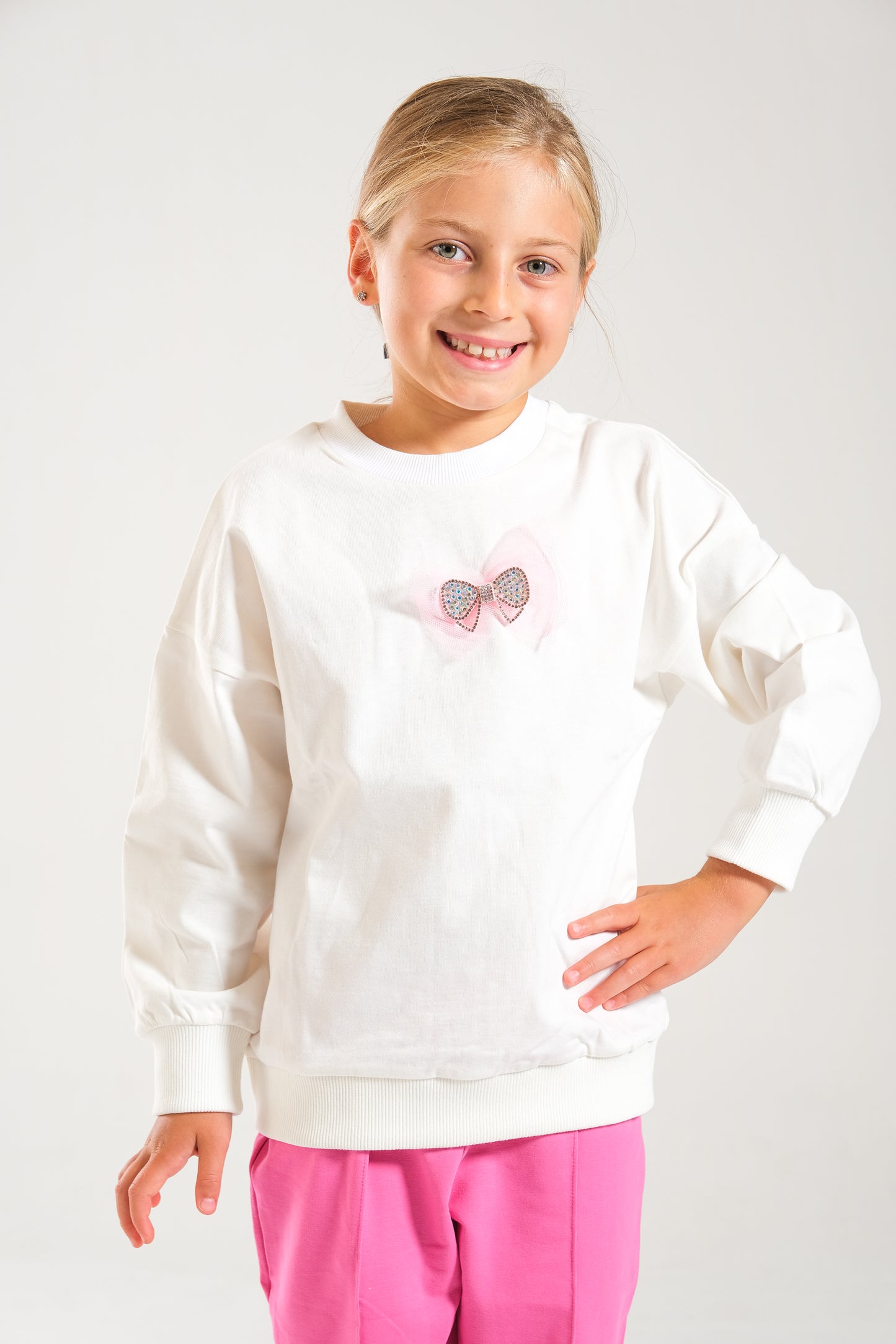 Kız Çocuk %100 Pamuk Oversize Sweat Ve Likralı İki İplik Çima Detaylı Pantolon Takımı - Ekru-Pembe