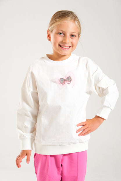 Kız Çocuk %100 Pamuk Oversize Sweat Ve Likralı İki İplik Çima Detaylı Pantolon Takımı - Ekru-Pembe