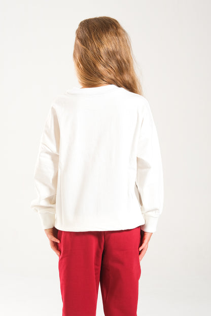 Kız Çocuk %100 Pamuk Oversize Sweat Ve Likralı İki İplik Çima Detaylı Pantolon Takımı - Ekru-Bordo