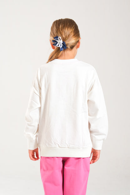 Kız Çocuk %100 Pamuk Oversize Sweat Ve Likralı İki İplik Çima Detaylı Pantolon Takımı - Ekru-Pembe