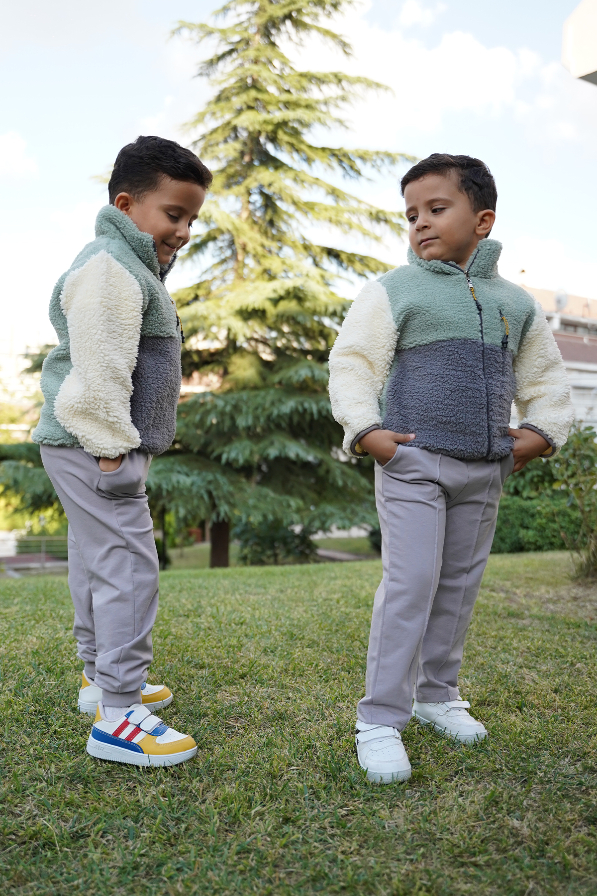 Erkek Çocuk Peluş Ceket - Haki-Antrasit