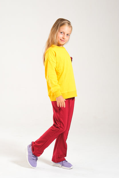 Kız Çocuk %100 Pamuk Oversize Sweat Ve Likralı İki İplik Çima Detaylı Pantolon Takımı - Sarı-Bordo