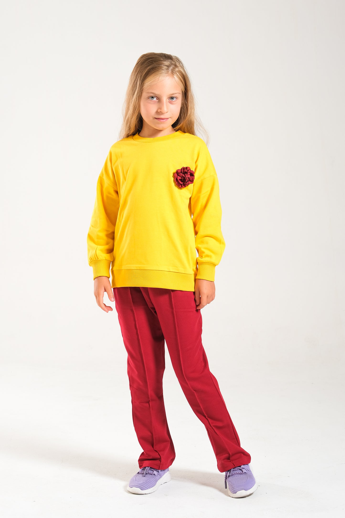 Kız Çocuk %100 Pamuk Oversize Sweat Ve Likralı İki İplik Çima Detaylı Pantolon Takımı - Sarı-Bordo