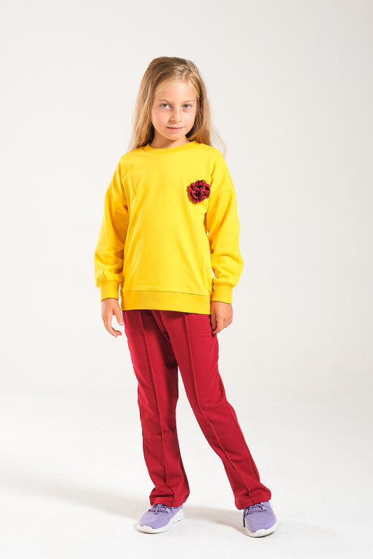Kız Çocuk %100 Pamuk Oversize Sweat Ve Likralı İki İplik Çima Detaylı Pantolon Takımı - Sarı-Bordo