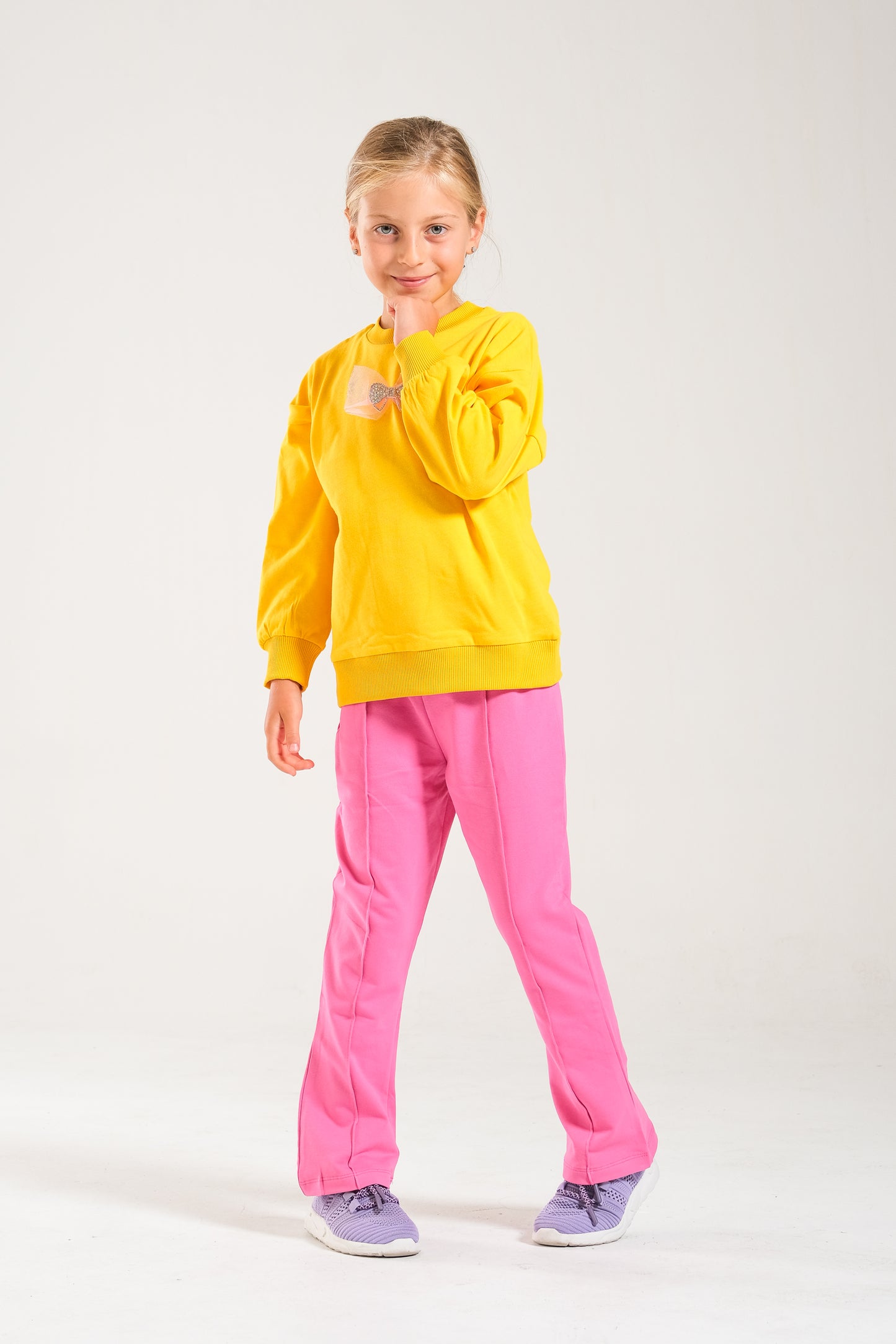 Kız Çocuk %100 Pamuk Oversize Sweat Ve Likralı İki İplik Çima Detaylı Pantolon Takımı - Sarı-Pembe