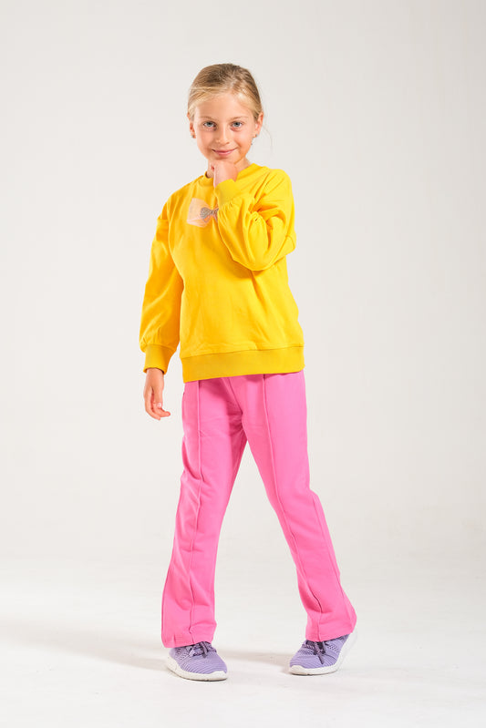 Kız Çocuk %100 Pamuk Oversize Sweat Ve Likralı İki İplik Çima Detaylı Pantolon Takımı - Sarı-Pembe