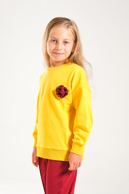 Kız Çocuk %100 Pamuk Oversize Sweat Ve Likralı İki İplik Çima Detaylı Pantolon Takımı - Sarı-Bordo