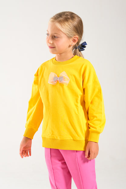 Kız Çocuk %100 Pamuk Oversize Sweat Ve Likralı İki İplik Çima Detaylı Pantolon Takımı - Sarı-Pembe