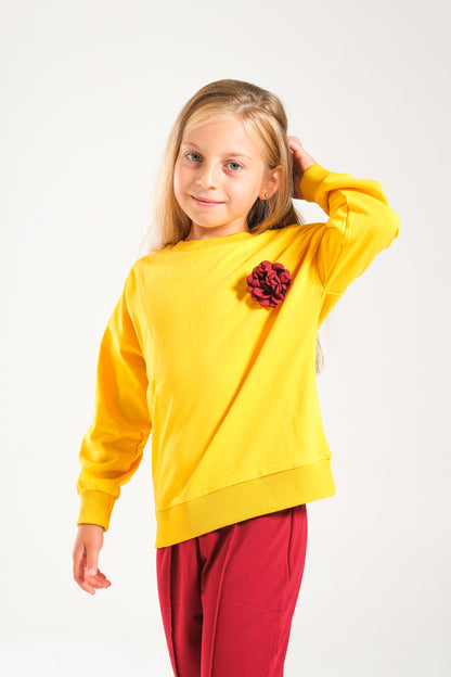 Kız Çocuk %100 Pamuk Oversize Sweat Ve Likralı İki İplik Çima Detaylı Pantolon Takımı - Sarı-Bordo