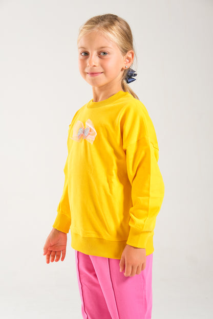 Kız Çocuk %100 Pamuk Oversize Sweat Ve Likralı İki İplik Çima Detaylı Pantolon Takımı - Sarı-Pembe