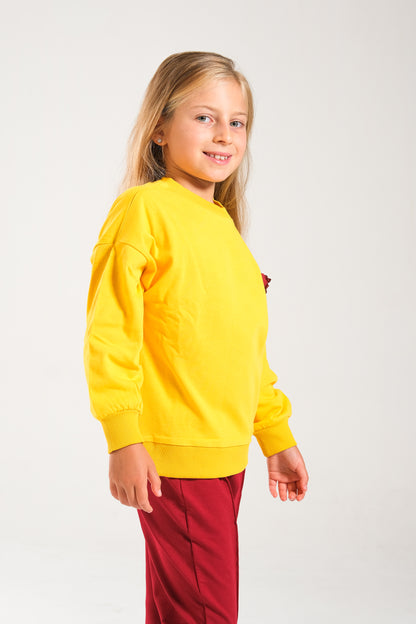 Kız Çocuk %100 Pamuk Oversize Sweat Ve Likralı İki İplik Çima Detaylı Pantolon Takımı - Sarı-Bordo