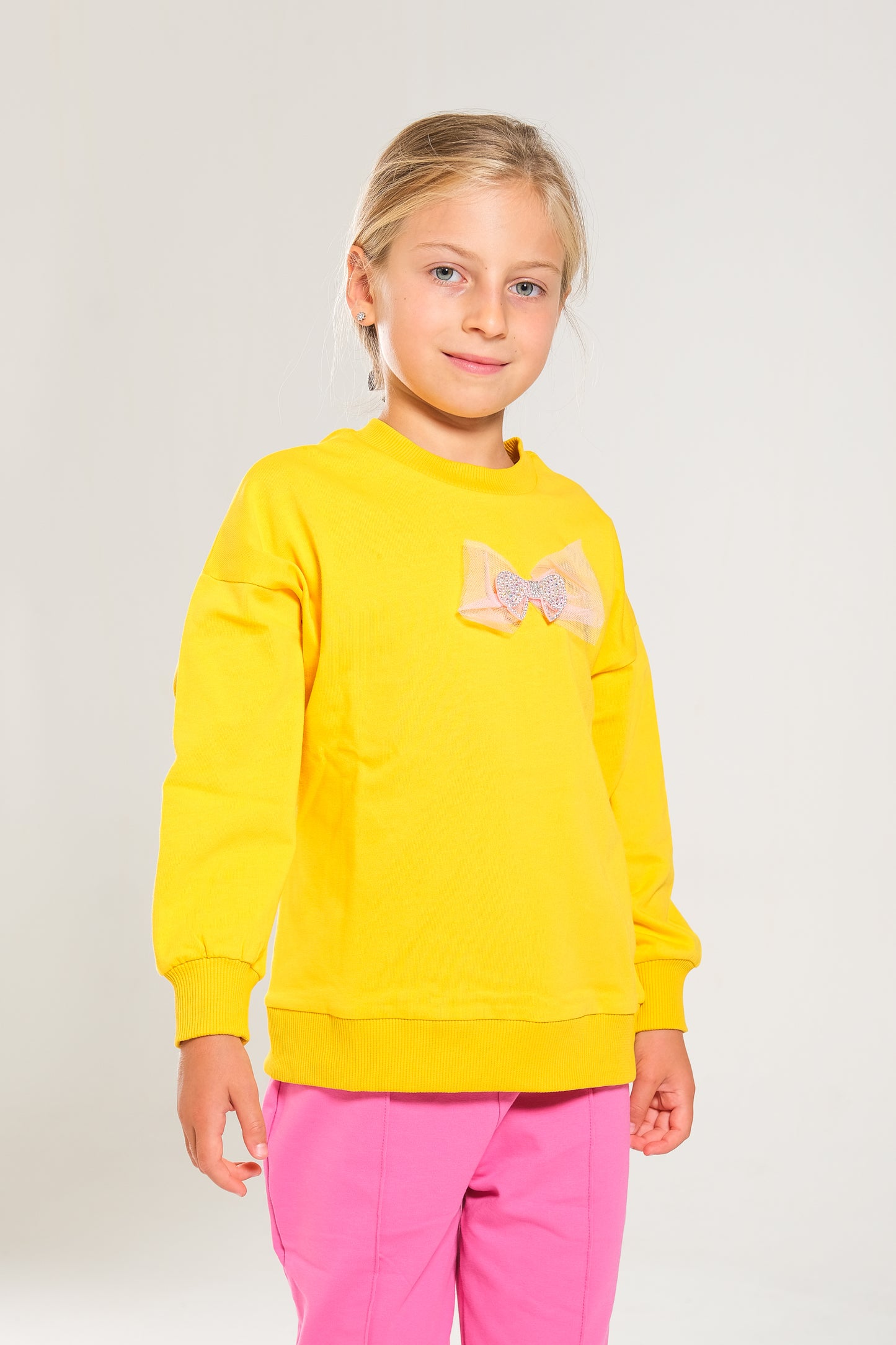 Kız Çocuk %100 Pamuk Oversize Sweat Ve Likralı İki İplik Çima Detaylı Pantolon Takımı - Sarı-Pembe