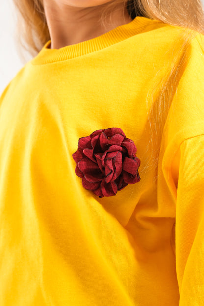 Kız Çocuk %100 Pamuk Oversize Sweat Ve Likralı İki İplik Çima Detaylı Pantolon Takımı - Sarı-Bordo