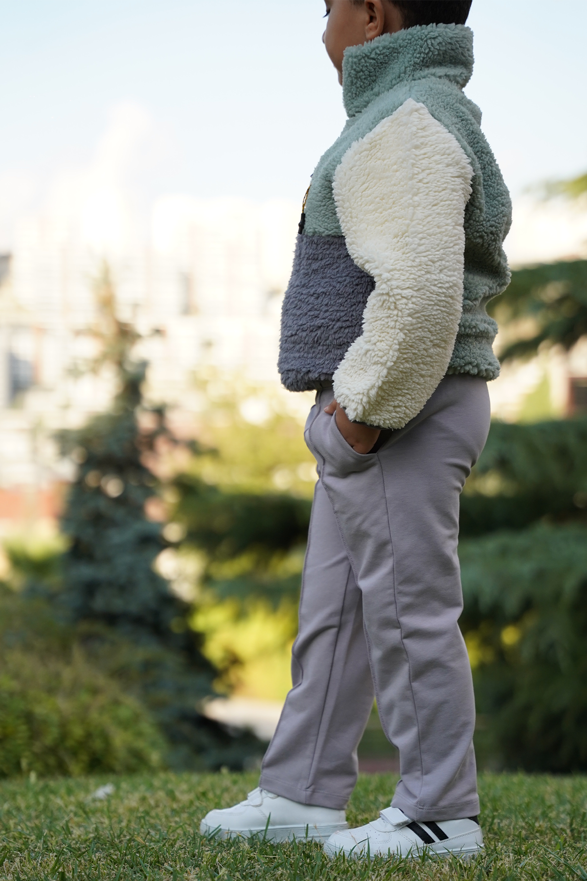 Erkek Çocuk Peluş Ceket - Haki-Antrasit