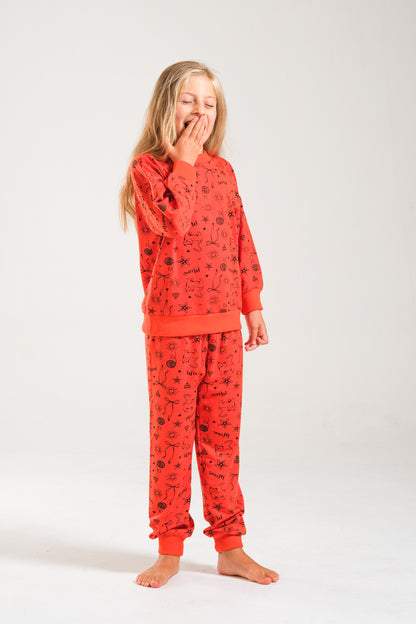 Kedi Baskılı Pamuk İki İplik Kız/Erkek Çocuk Takım - Turuncu