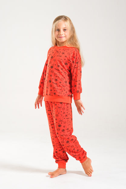 Kedi Baskılı Pamuk İki İplik Kız/Erkek Çocuk Takım - Turuncu