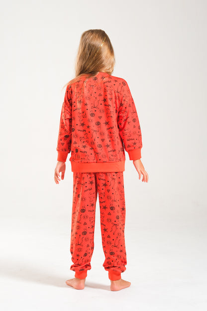 Kedi Baskılı Pamuk İki İplik Kız/Erkek Çocuk Takım - Turuncu
