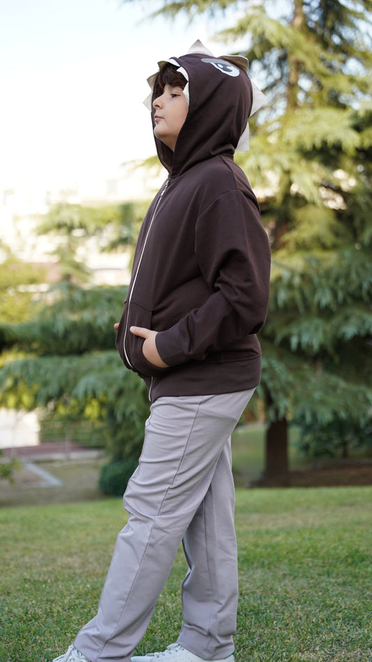 Erkek Çocuk Üç İplik Dinazor Kapşonlu Sweat/Hoody - Kahverengi