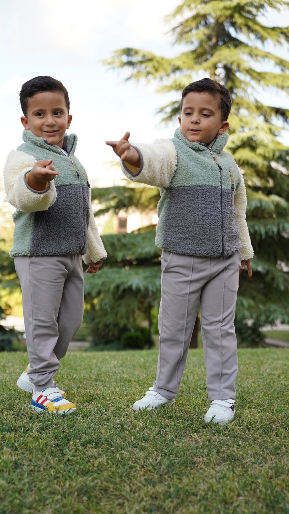 Erkek Çocuk Peluş Ceket - Haki-Antrasit