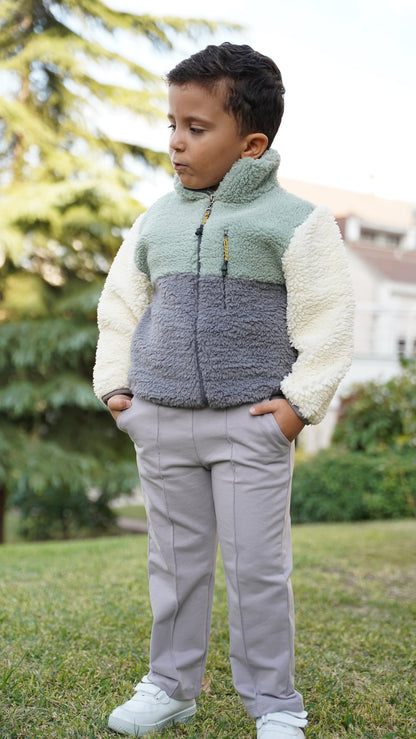 Erkek Çocuk Peluş Ceket - Haki-Antrasit
