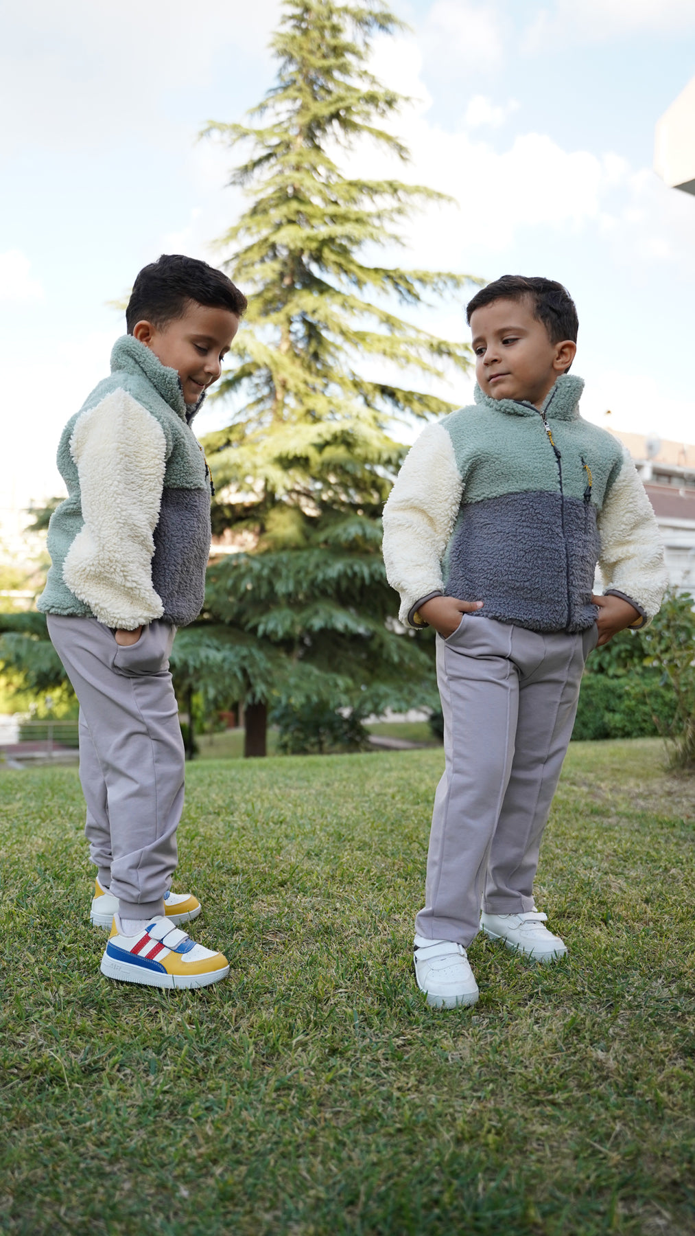 Erkek Çocuk Peluş Ceket - Haki-Antrasit