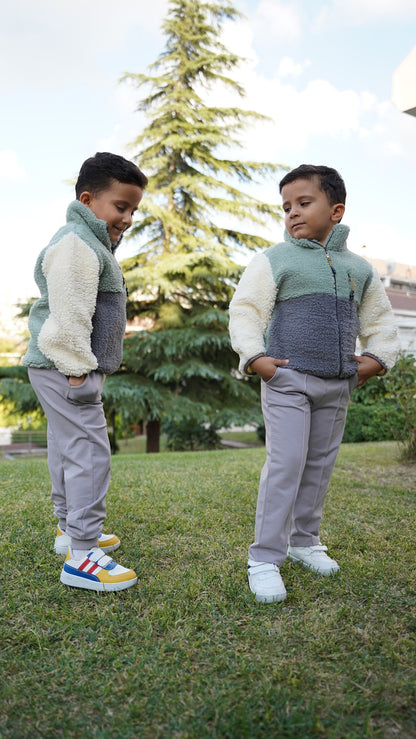 Erkek Çocuk Peluş Ceket - Haki-Antrasit