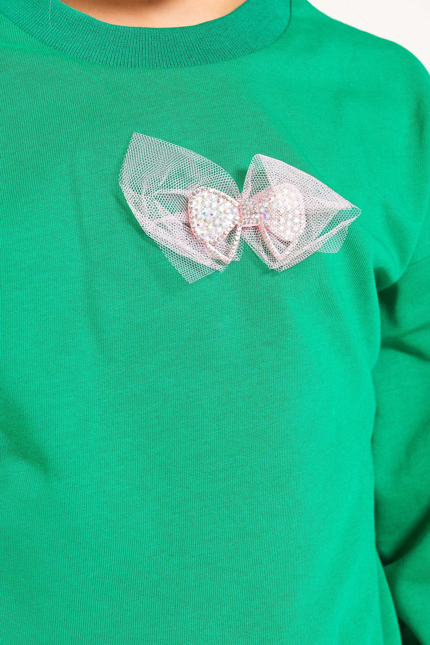 Kız Çocuk %100 Pamuk Oversize Sweat Ve Likralı İki İplik Çima Detaylı Pantolon Takımı - Pembe-Yeşil