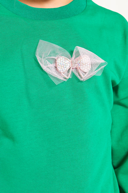 Kız Çocuk %100 Pamuk Oversize Sweat Ve Likralı İki İplik Çima Detaylı Pantolon Takımı - Pembe-Yeşil