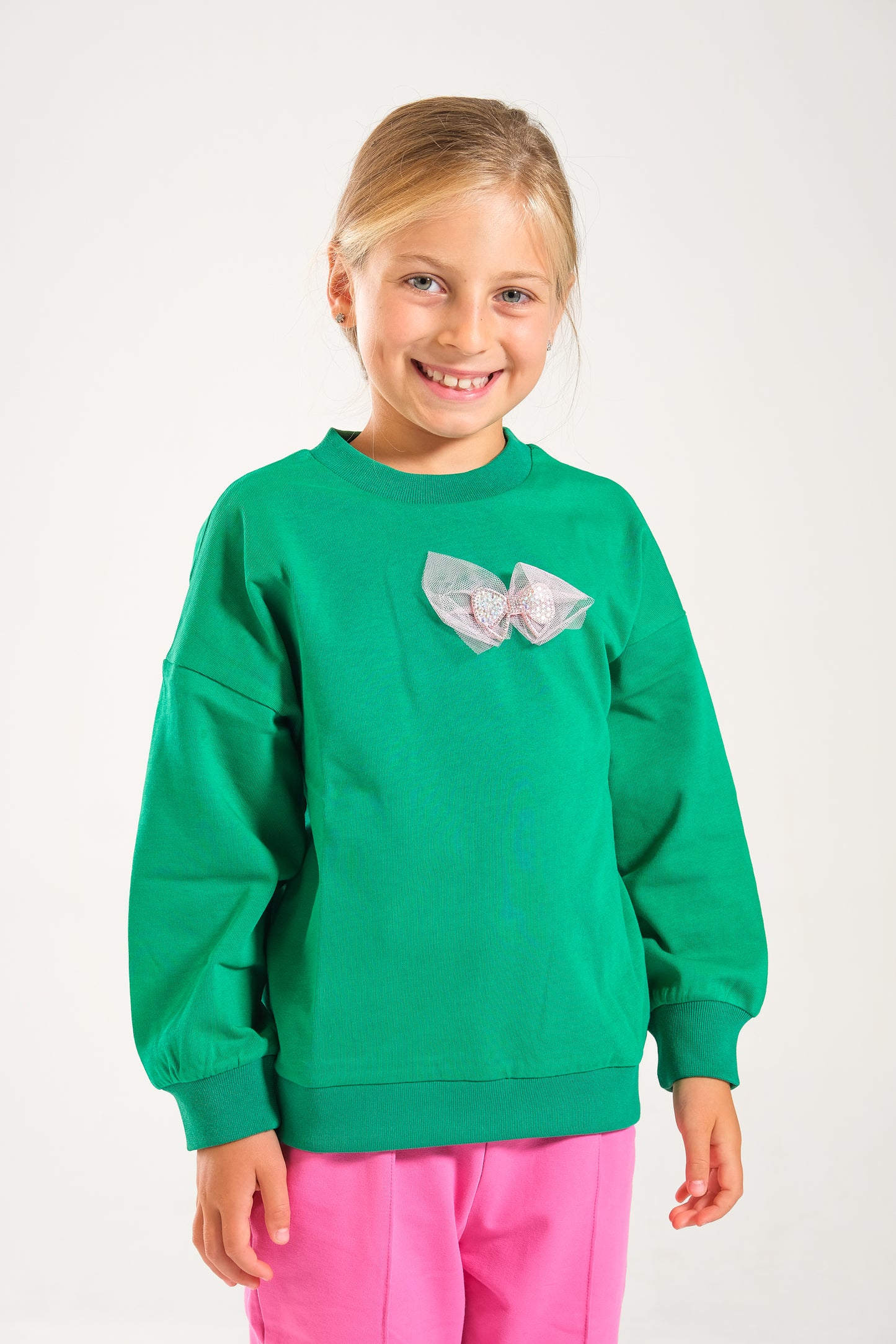 Kız Çocuk %100 Pamuk Oversize Sweat Ve Likralı İki İplik Çima Detaylı Pantolon Takımı - Pembe-Yeşil