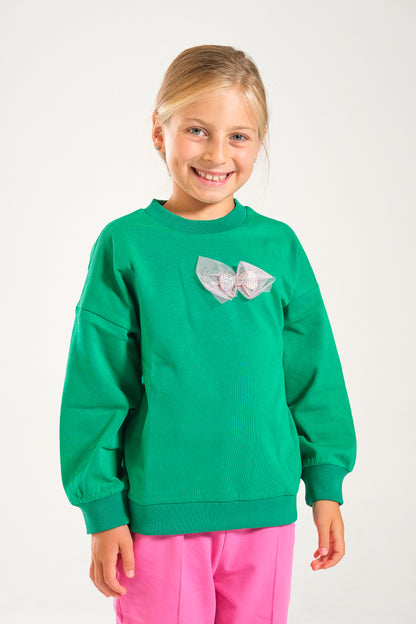 Kız Çocuk %100 Pamuk Oversize Sweat Ve Likralı İki İplik Çima Detaylı Pantolon Takımı - Pembe-Yeşil