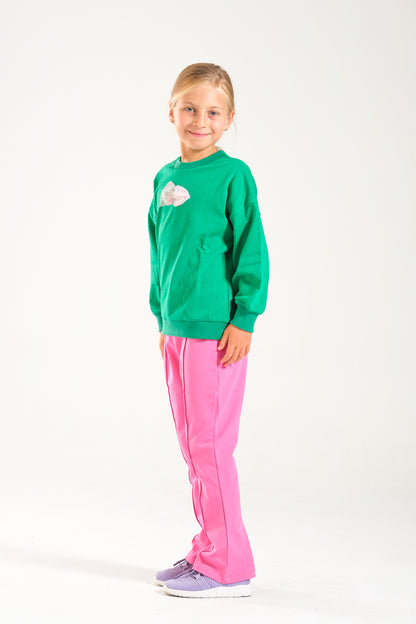 Kız Çocuk %100 Pamuk Oversize Sweat Ve Likralı İki İplik Çima Detaylı Pantolon Takımı - Pembe-Yeşil